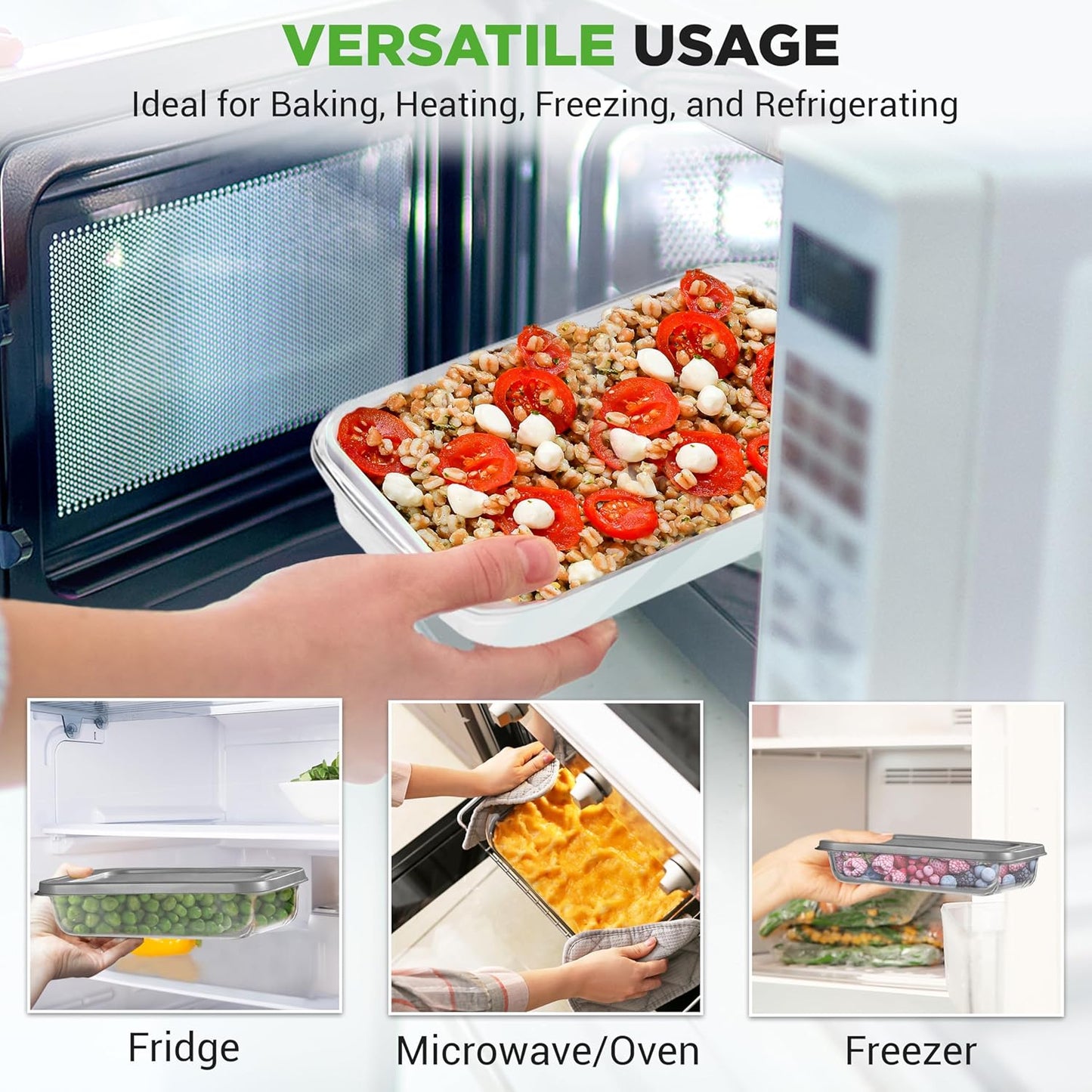 NutriChef 8-Piece Glass Baking Dish Set with Lids, (4 Stackable Rectangular Glass Dish and 4 BPA-Free Lids), Baking Pans for Lasagna, Meatloaf, Casserole, & Leftovers, Cooking, & Dishwasher Safe, Gray