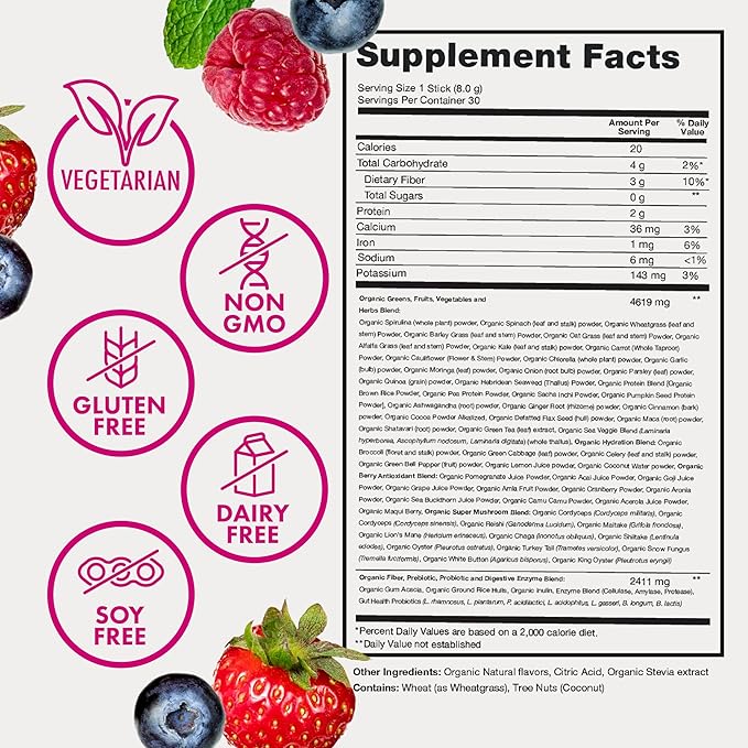 Zena Nutrition Organic Super Greens Powder, 70+ Superfoods, 0 Sugar, 3G Fiber, Spirulina, Chlorella, Antioxidants, Prebiotics/Probiotics, Digestive Enzymes, Mixed Berry, 30 Drink Mix Packets