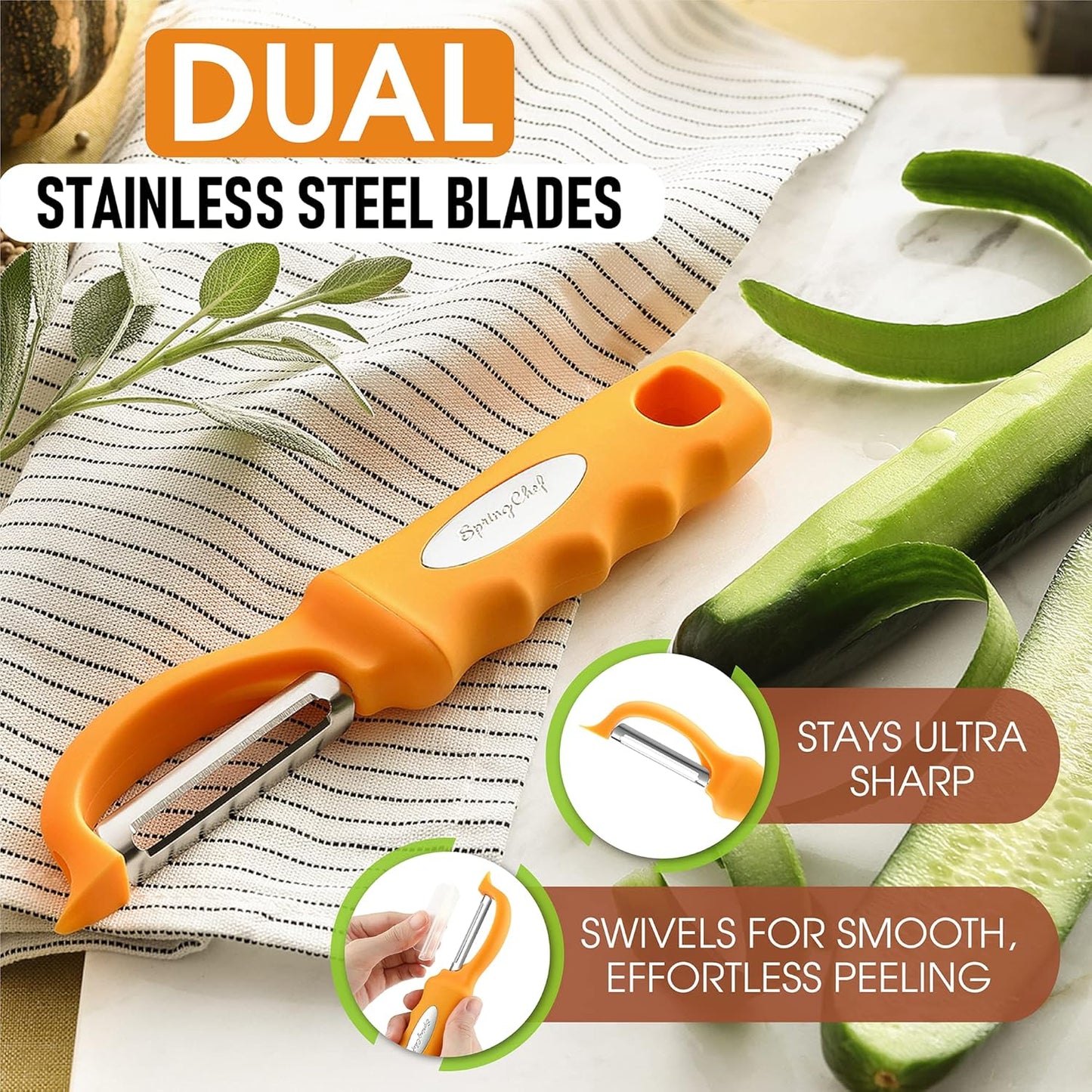 Spring Chef Premium Stainless Steel Swivel Potato Peelers for Kitchen, Metal Vegetable Peelers with Comfortable Handle for Apple, Cucumber, Veggie, Fruit, Carrot, Dishwasher Safe - Set of 2 - Mango