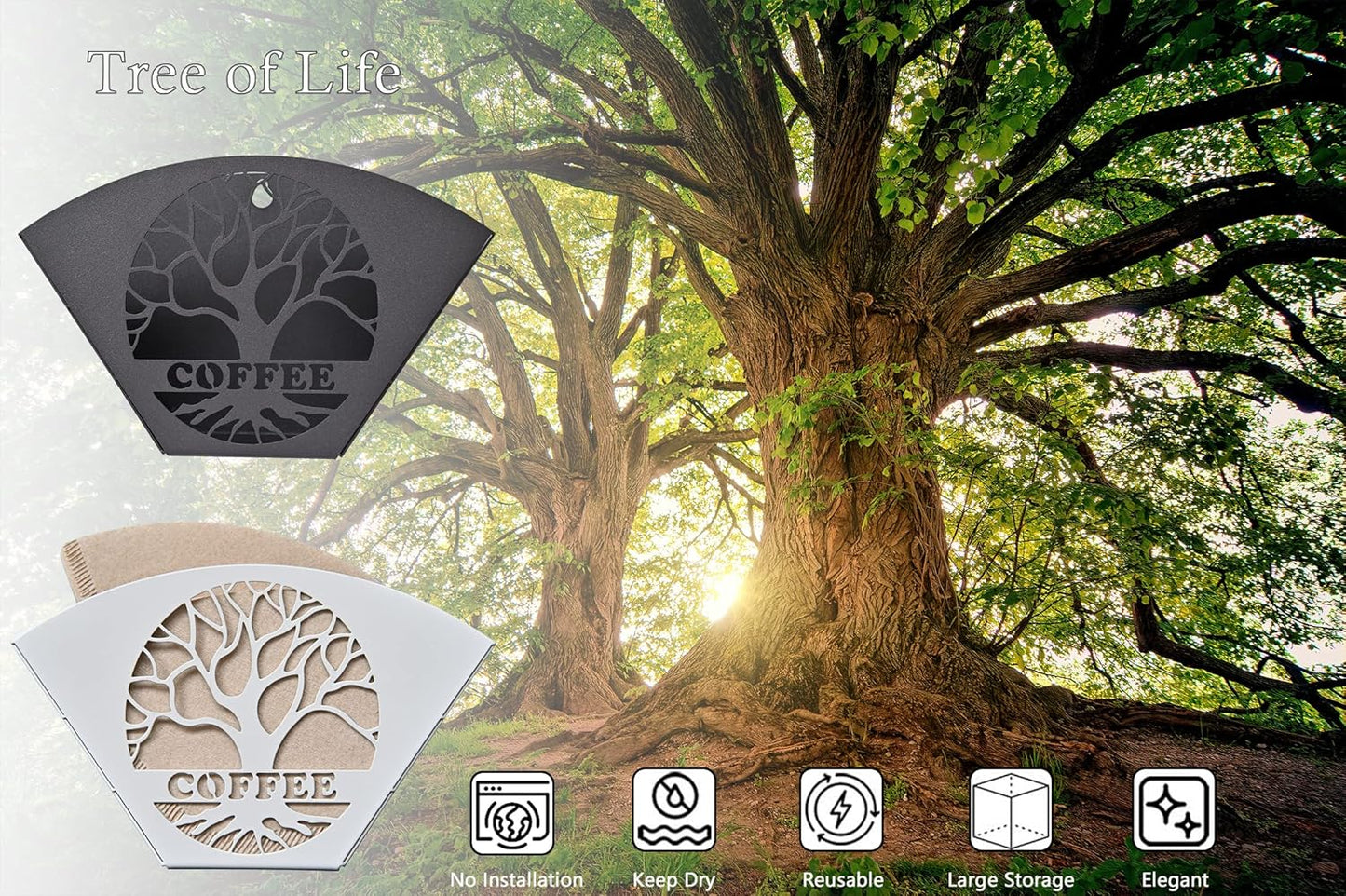 Stylish Coffee Filter Holder with Iron Fan Shape Evenly Spread out Filters, Coffee Filter Rack with Tree of Life Decor Upgrade Your Coffee Enjoyment, Perfect for Home or Office Use (Black)