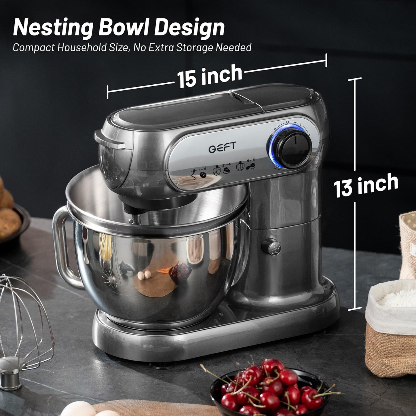 Stand Mixer, 3.5QT+6QT Two Bowls Kitchen Electric Mixer, 600W 6+P speed Tilt-Head Food Mixer with Stainless Steel Bowl, Dishwasher-Safe Dough Hook, Flat Beater, Wire Whisk, Splash Guard, Grey