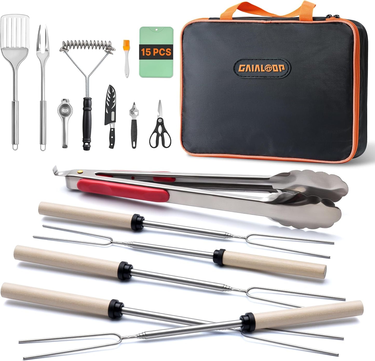 Camping Cooking Utensils Set Grilling Cookware Camp Kitchen Rotating Marshmallow Roasting Sticks BBQ Forks, Portable RV Camping Essentials Camper Must Haves for Cookouts Open Fire Pit