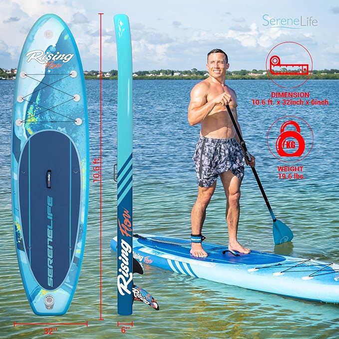 SereneLife Inflatable Stand Up Paddle Board with Premium SUP Accessories – Wide Stable Design with Non-Slip EVA Deck Pad for Adults and Youth of All Skill Levels