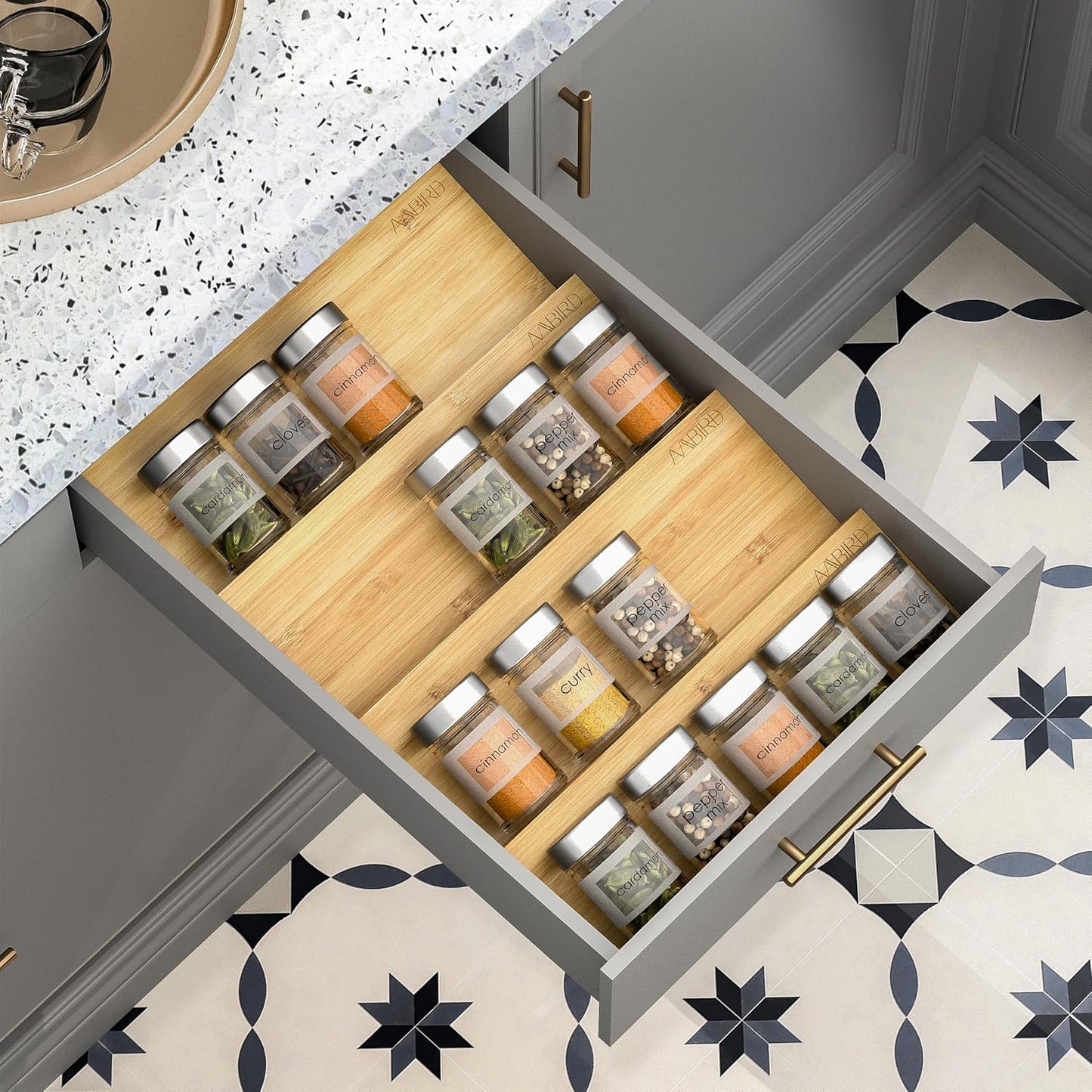 AMBIRD Bamboo Spice Drawer Organizer with Non-slip Mat, 4 Tier Jar Spice Rack Tray 13'',Seasoning Organizer for Kitchen,Cabinet,Drawers,Countertop