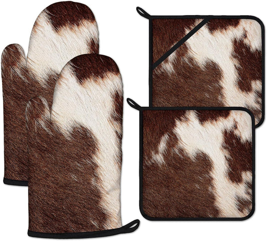 Brown Cow Print Oven Mitts and Pot Holders Sets Heat Resistant 4Pcs Potholders Oven Gloves Hot Pads for Kitchen Baking Cooking Grilling BBQ