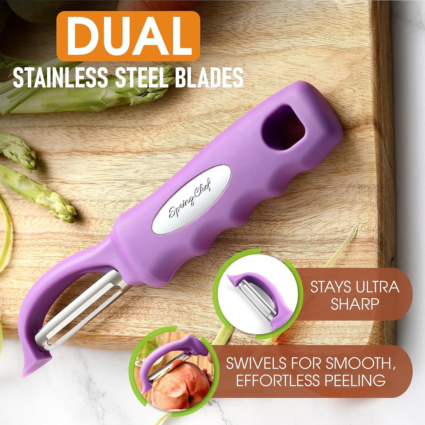 Spring Chef Premium Swivel Vegetable Peeler, Comfortable Handle and Ultra Sharp Stainless Steel Blades - Perfect Kitchen Peeler For Veggie, Fruit, Potato, Carrot, Apple - Orchid
