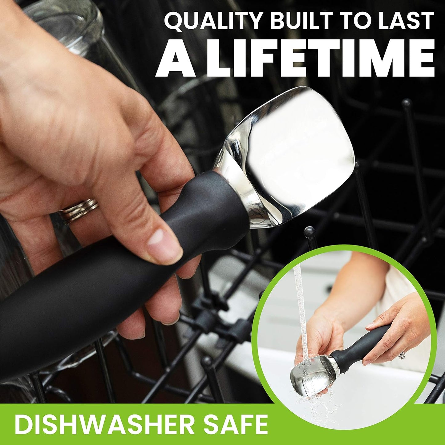 Spring Chef 18/8 Stainless Steel Ice Cream Scoop with Soft Grip Handle - Heavy Duty Ice Cream Scooper for Gelato, Sorbet, Cookie Dough, Melon, Sundae - Dishwasher Safe Kitchen Tool - Black