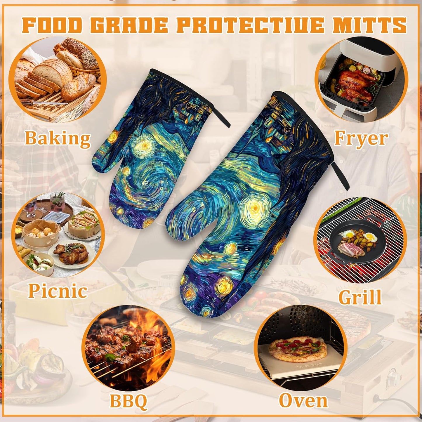 Starry Night Moon Oven Mitts and Pot Holders Set,Village Kitchen Oven Gloves and Pot Holder with Heat Resistant Non Slip for Cooking Baking Grilling(4 Piece Set)