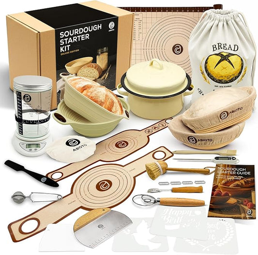 Sourdough Starter Kit with Dutch Oven and Scale - Complete Sourdough Kit with Proofing Baskets, 34oz Jar, Slings, and Other Premium Bread Making Tools - Perfect Baking Gifts for Women, Men, and Bakers