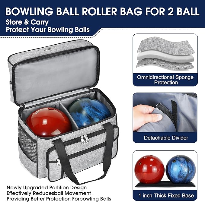 CAB55 2 Ball Bowling Bag with 4 Wheels, Double Bowling Ball Bag with Separate Shoe Compartment, (Up To US Men Size 16), and Multiple Multifunctional Accessory Pockets