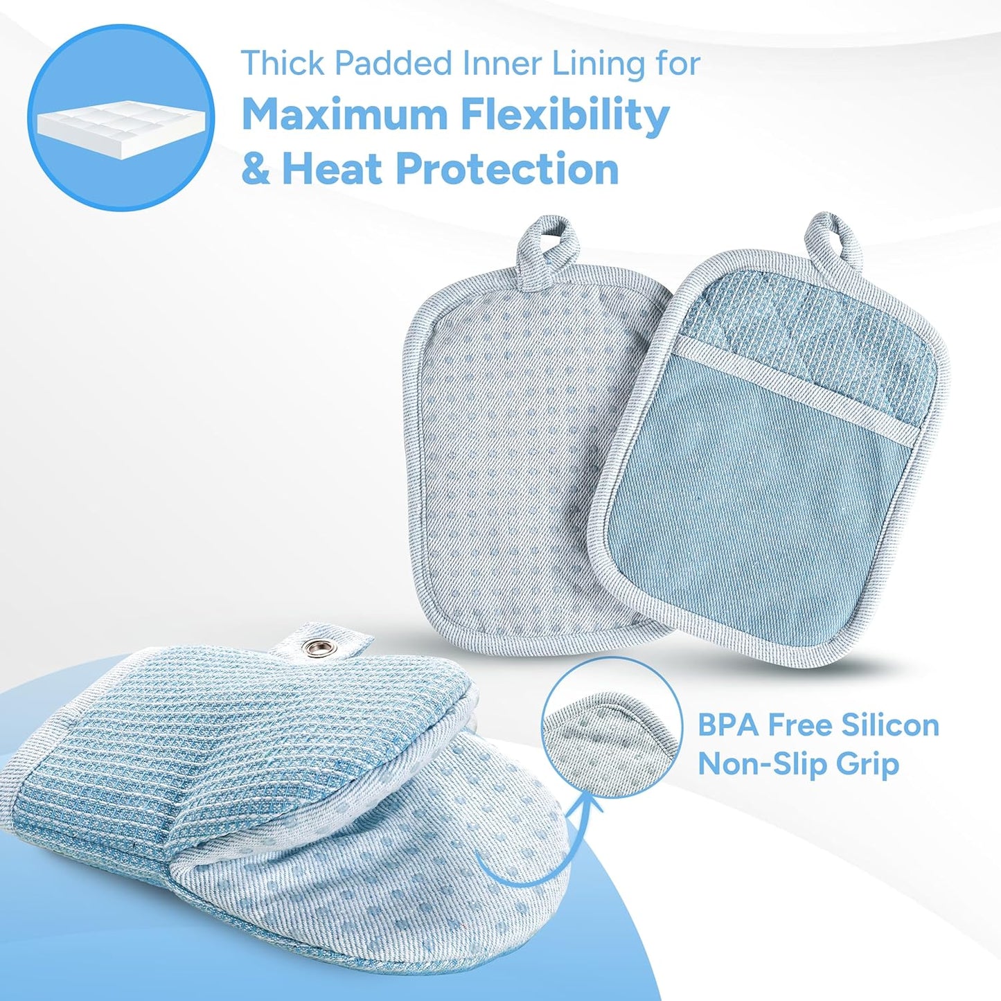 Casa Platino BBQ Gloves & Potholders Set, 4Pc Kitchen Mitts for Oven & Baking, Pot Holder for Hot Pots & Dishes – Heat Resistant Up to 500°F, Non-Slip & Machine Washable – Cornflower