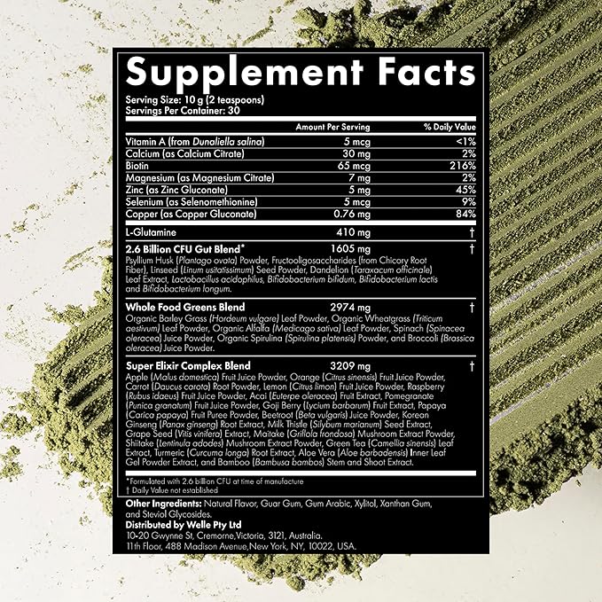 WelleCo The Super Elixir Daily Greens Powder, Probiotic Drink Mix with Whole Foods, Gluten Free, Vegan Gut Health Powder, Energy, Immunity, Healthy Skin, Hair & Nails (Jar, Blood Orange)