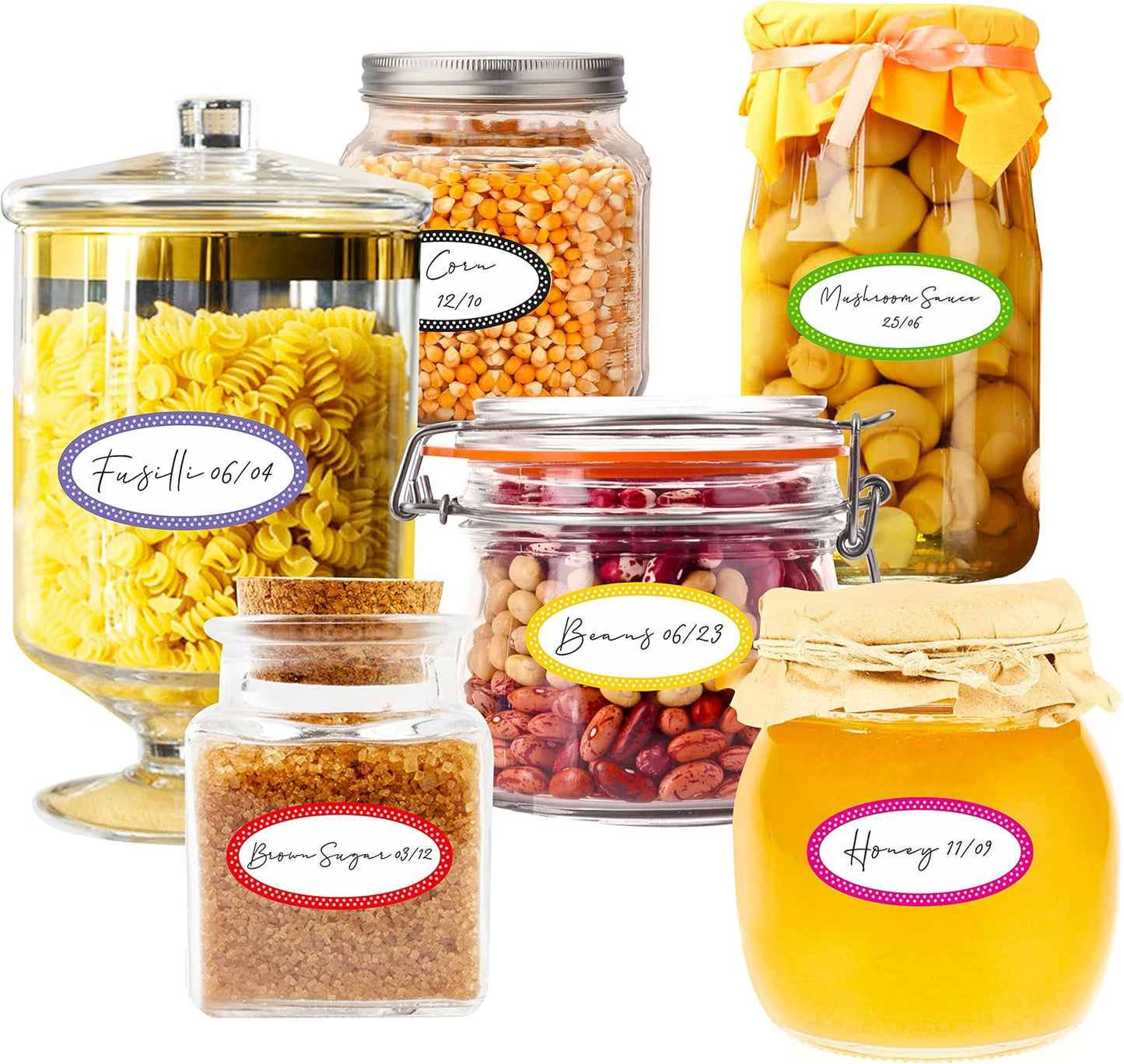 500 Removable Freezer Pantry Canning Labels, 8 Colorful Polka Borders, Water Oil Resistant with Perforation Line for Food Containers Jars Kitchen Restaurant Storage Organization