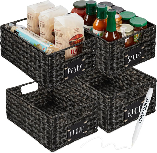 Best Choice Products Set of 4 9x12in Water Hyacinth Pantry Baskets, Woven Organizers w/Chalkboard Label, Chalk Marker - Black