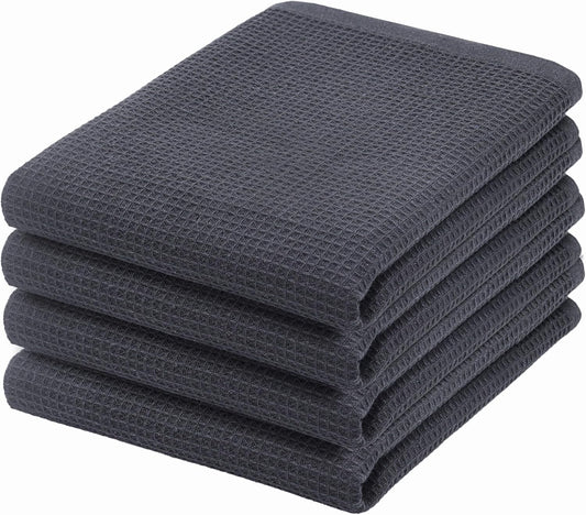 PurpleEssences Waffle Weave Kitchen Towel, 100% Cotton - 15 x 25 Inches, with Hanging Loop Ultra Soft Absorbent Quick Drying Dish Cloth, Tea and Hand Towels, 4 Pack - Spring Summer - Dark Grey