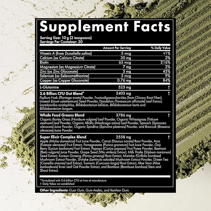 WelleCo The Super Elixir Daily Greens Powder, Probiotic Drink Mix with Whole Foods, Gluten Free, Vegan Gut Health Powder, Energy, Immunity, Healthy Skin, Hair & Nails (300g, Unflavored) Jar