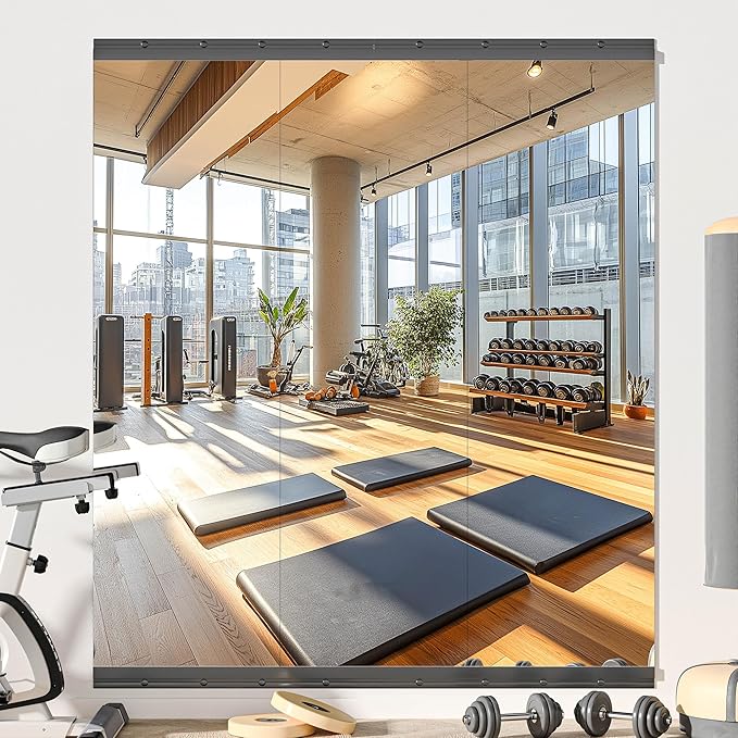 Hasipu 3 Pcs 55''x17'' Home Gym Mirror Large Full Length Wall Mounted Full Body Mirror for Yoga Dance Fitness Exercise Studio Bedroom Garage, Frameless Tempered Glass Workout Mirrors Black Rectangular