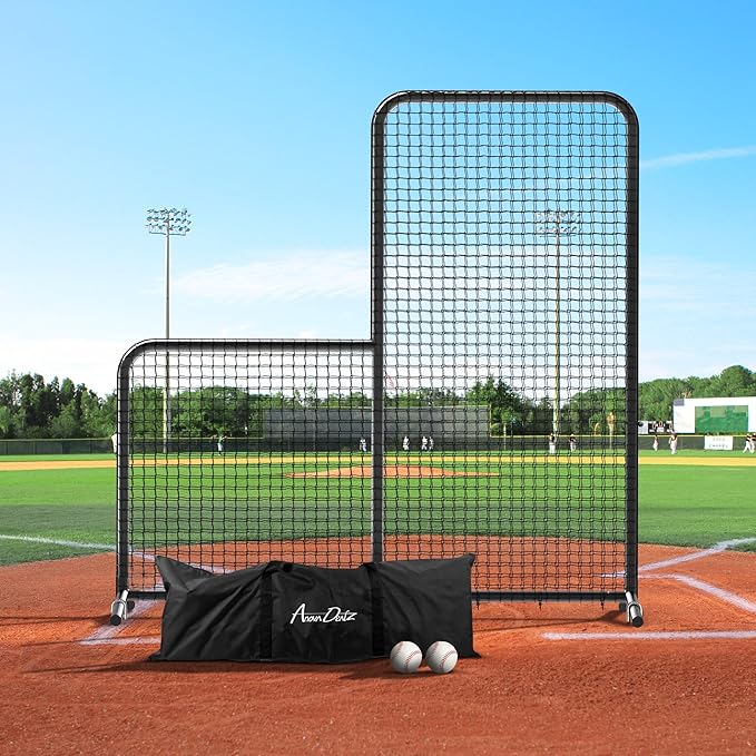 Yes4All Portable L-Screen Baseball 7x7ft with 2 Baseballs, Rubber Wheels - L Screen Baseball for Batting Cage, Protective Pitching Screen Net Double Layers, Carry Bag Included