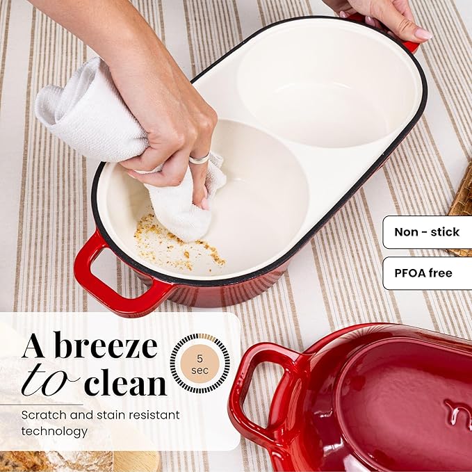 Dutch Oven For Sourdough Bread Baking – Enamelled Cast Iron Bread Loaf Pot – 500°F Oven Safe Non Stick Bread Pot – Double Round Loaf Space, 16.5cm Diameter, Red, – by Nuovva