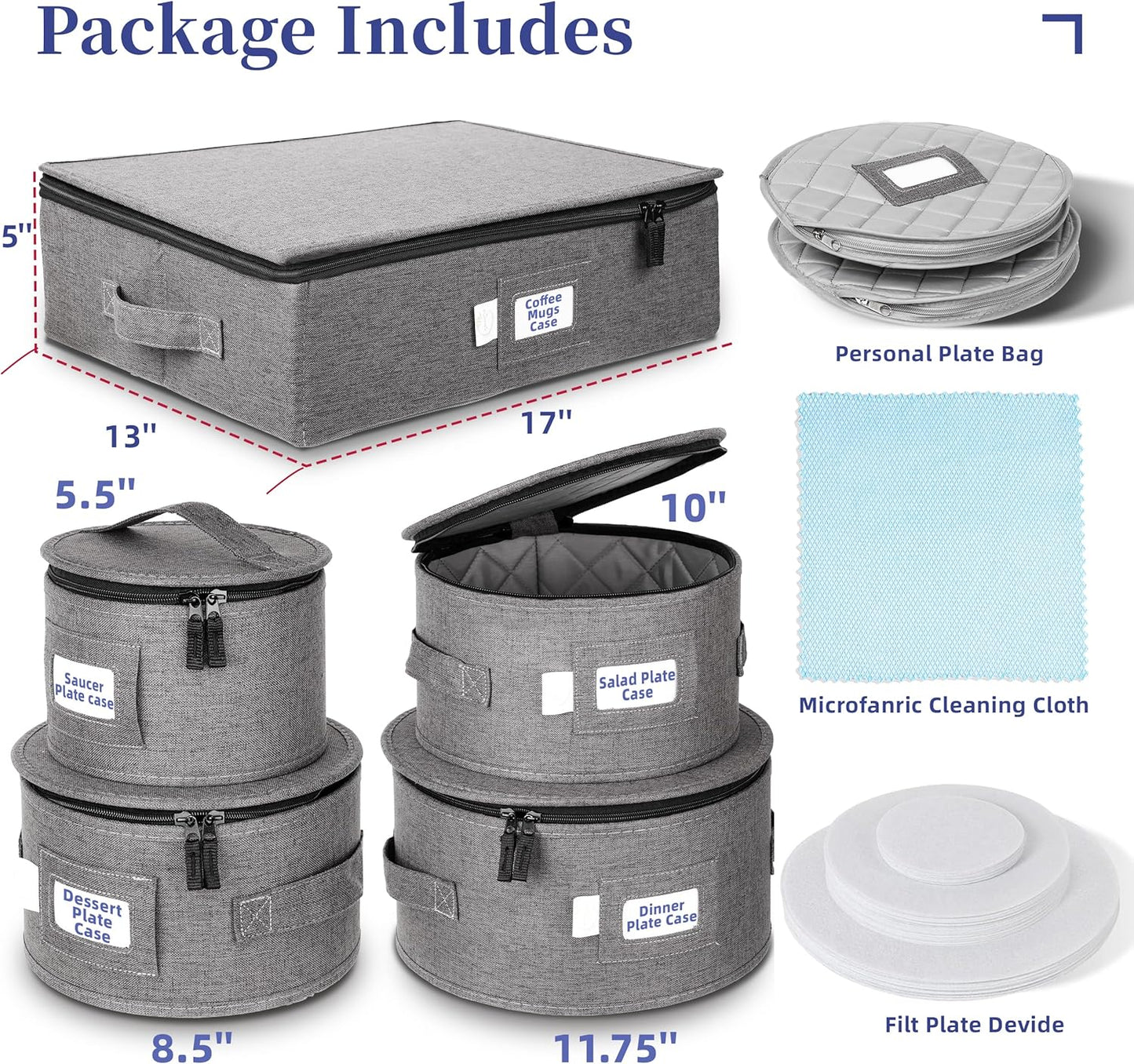 LUXULA China Storage Containers for 12 Place Setting with Two Plate Bags, 5 Pcs Hard Shell Quilted China Storage Cases for Dinner Plates, Salad Plates, Dessert Plates, Saucers, Cups & Mug Storage