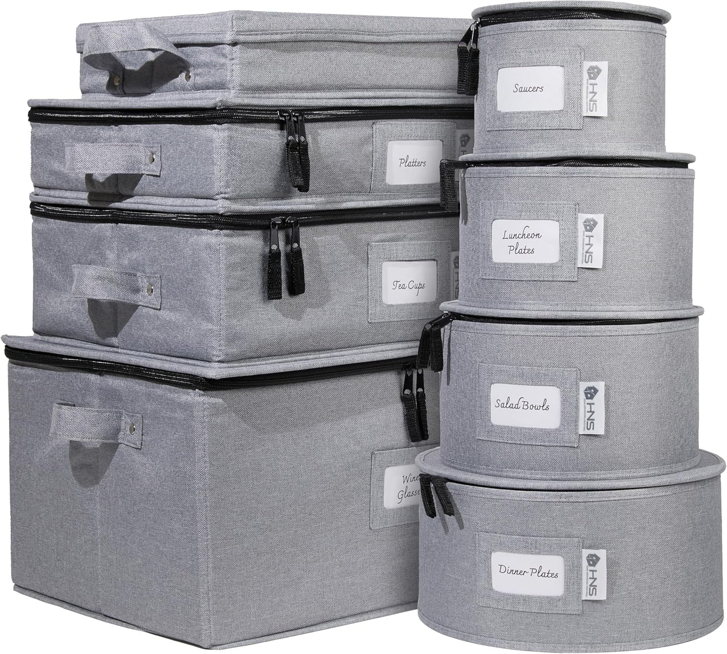 Hard Shell China Storage Containers 8-Piece Set Moving Boxes for Dinnerware, Glasses, Plates, Mugs and Saucers Sturdy Dish Organizer with Dividers for Seasonal Storage - Service for 12 - Gray