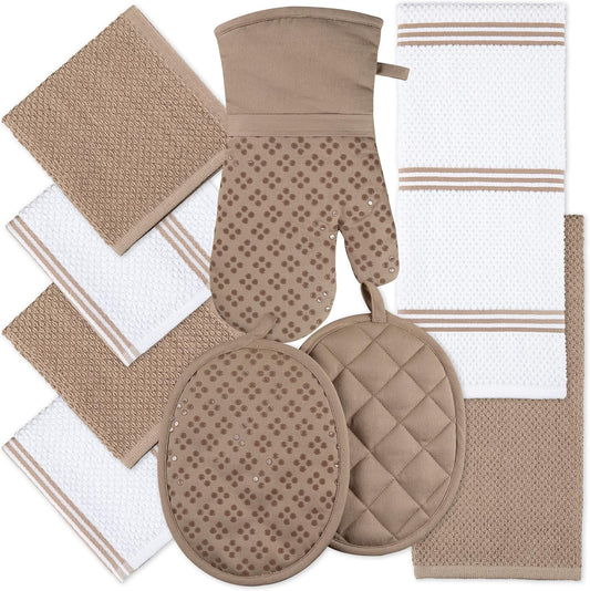 Sticky Toffee 9-Piece Kitchen Set – Tan 100% Cotton Terry Dish Towels, Dishcloths, Oven Mitts, and Pot Holders with Non-Slip Silicone Grip, Oeko-Tex Cotton