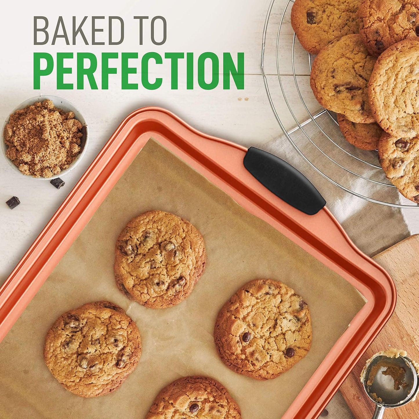 NutriChef 5-Piece Bakeware Set – Premium Non-Stick, Stackable Kitchen Baking Pans with Silicone Handles – Includes 3 Cookie Sheets, Baking Pan & Lid – Perfect for Cakes, Cookies & Brownies