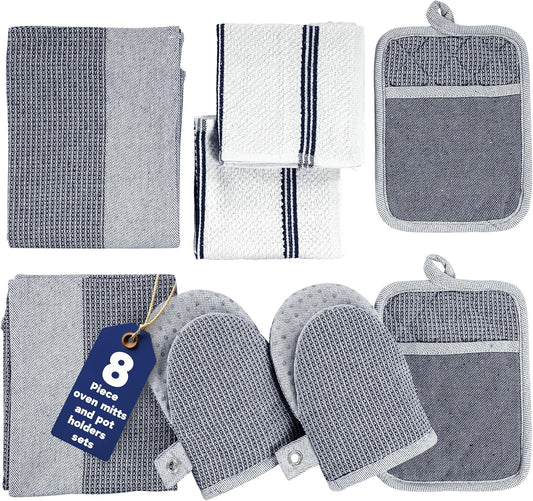 Casa Platino Mini Oven Mitts Set, 8-Piece – 500°F Heat Resistant Silicone Oven Mitts, Potholders for Kitchens, 2 Kitchen Towels & 2 Dish Cloths – Non-Slip & Durable – Indigo